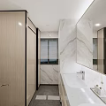 Public Toilet Interior With Wooden Partition Marble Walls Sink And Green Plant