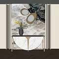 Elegant Console Table With Marble Backdrop Round Mirrors Vase And Warm Lighting