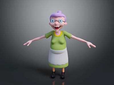 Cheerful Elderly Woman With Purple Hair Wearing Glasses Green Shirt And White Apron Arms Outstretched 3d model