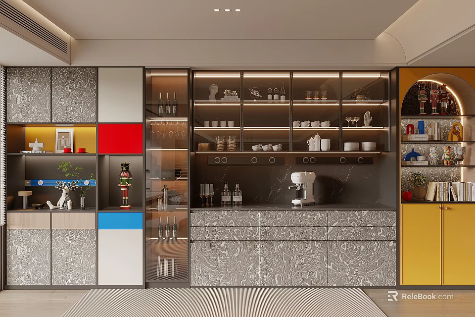 Modern Multicolor Wine Cabinet In Kitchen Interior With Glass Doors Storage And Coffee Machine 3d model 