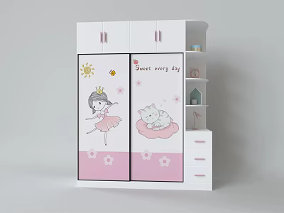 Kids White Pink Wardrobe With Cartoon Girl Cat Sun And Sweet Daily Prints 3d model