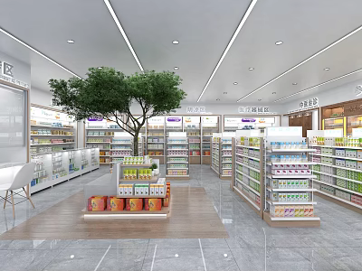 Specialty Store Interior With Green Tree Shelves And Products Display Area 3d model