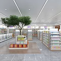 Specialty Store Interior With Green Tree Shelves And Products Display Area