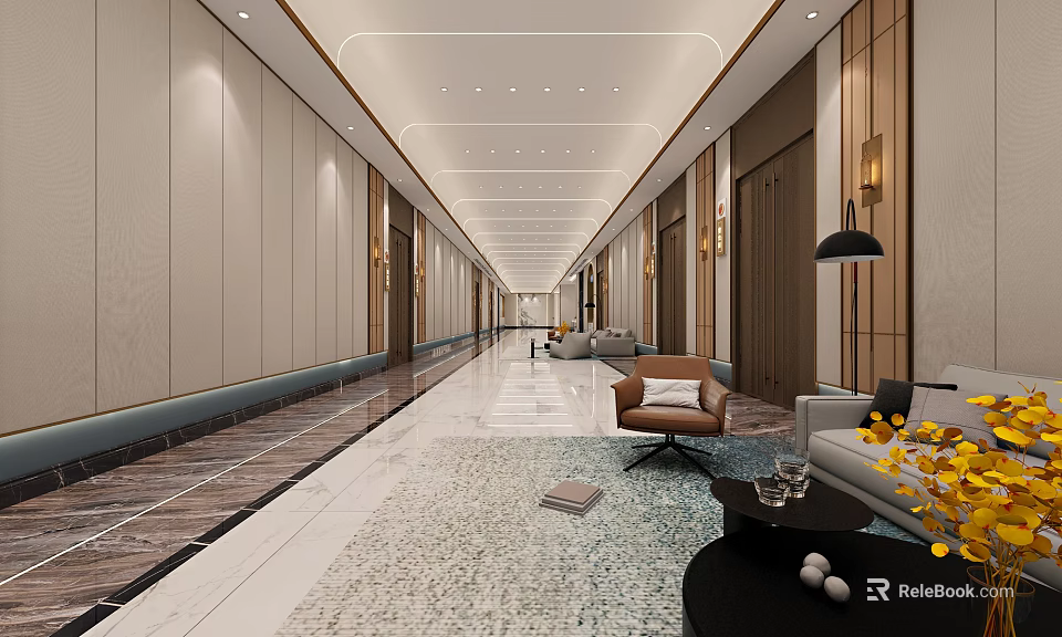 Spacious Modern Hotel Corridor with Elegant Lighting and Lounge Seating Area 3d model