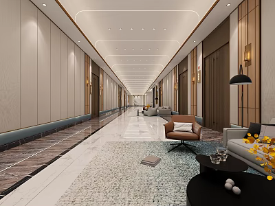 Spacious Modern Hotel Corridor with Elegant Lighting and Lounge Seating Area 3d model