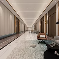 Spacious Modern Hotel Corridor with Elegant Lighting and Lounge Seating Area 3d model