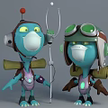 Two Anthropomorphic Blue Green Cartoon Creatures With Goggles Headphones Backpacks And Central Antenna