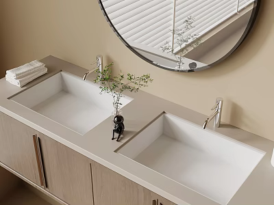 Modern Bathroom Vanity With Double Sink Wooden Cabinets Round Mirror And Green Plant 3d model