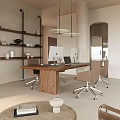 Modern Office Interior With Wooden Desk Office Chairs Shelves Hanging Lights And Natural Light