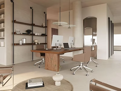 Modern Office Interior With Wooden Desk Office Chairs Shelves Hanging Lights And Natural Light 3d model