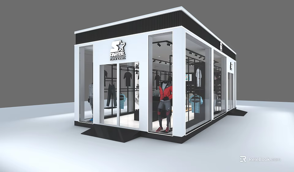 Modern Fashion Clothing Store With Glass Front Mannequins And Outfit Displays 3d model 