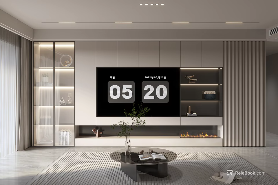 Modern Elegant TV Wall Unit in Living Room With Fireplace Glass Doors and Storage Shelves 3d model 
