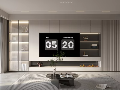 Modern Elegant TV Wall Unit in Living Room With Fireplace Glass Doors and Storage Shelves 3d model