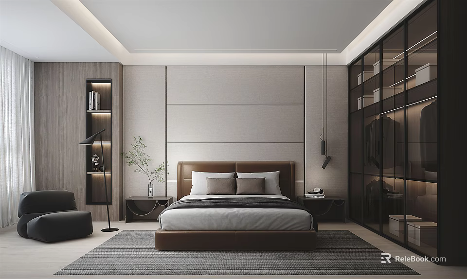 Modern Minimalist Bedroom Interior Design With Brown Headboard Bed Glass Wardrobe And Area Rug 3d model 