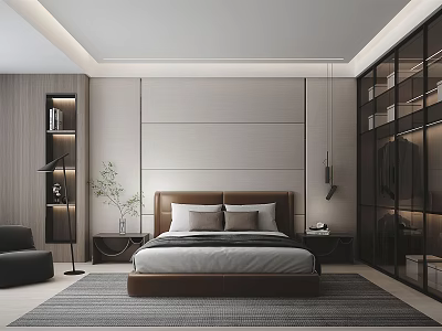 Modern Minimalist Bedroom Interior Design With Brown Headboard Bed Glass Wardrobe And Area Rug 3d model