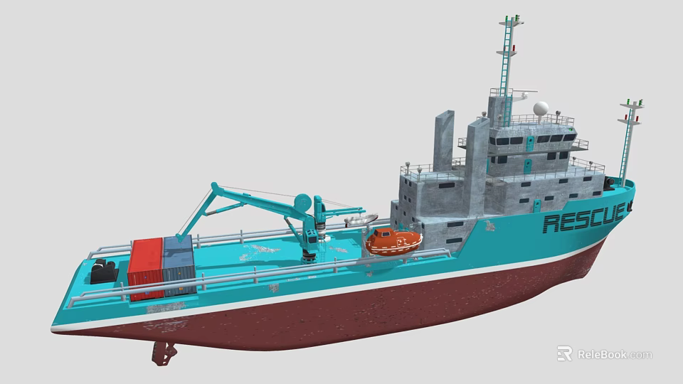 Turquoise And Brown Rescue Ship With Crane And Orange Lifebuoy On Deck 3d model 