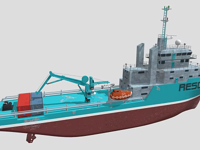 Turquoise And Brown Rescue Ship With Crane And Orange Lifebuoy On Deck 3d model
