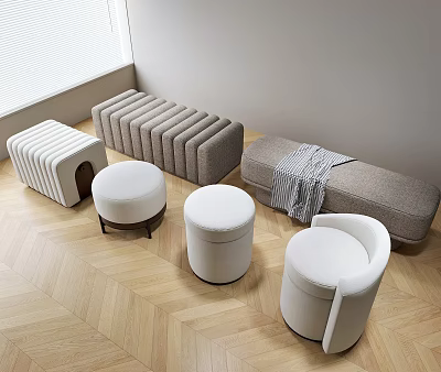 Various Design Shoe Benches With Round Stools And Backrest On Herringbone Wooden Floor 3d model