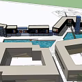 Modern Commercial Street With Blue Glass Tower And Water Pool Area