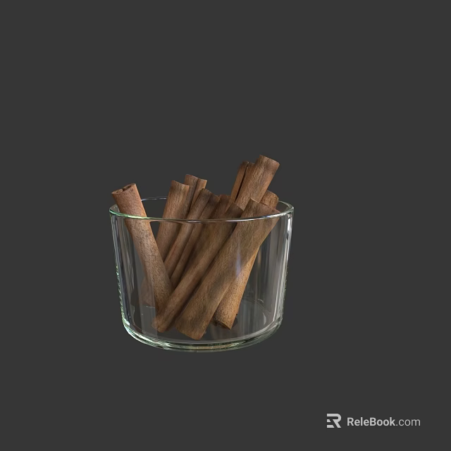 Fresh Cinnamon Sticks Placed in Transparent Glass Bowl on Dark Surface 3d model 