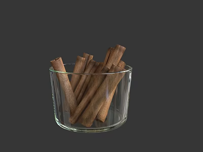 Fresh Cinnamon Sticks Placed in Transparent Glass Bowl on Dark Surface 3d model