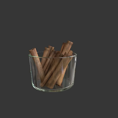 Fresh Cinnamon Sticks Placed in Transparent Glass Bowl on Dark Surface 3d model