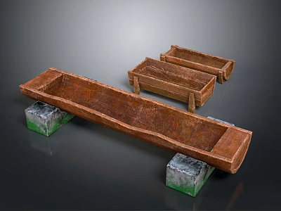 Large And Small Wooden Garden Planters Placed On Moss Covered Stones For Garden Decor 3d model