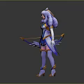 3D Female Character With Blue White Outfit Purple Hair Headpiece And Bow Weapon