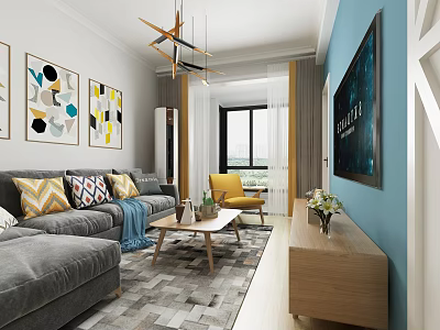 Contemporary Living Dining Room Interior With Gray Sofa Colorful Pillows Blue Wall TV Chandelier 3d model