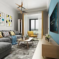 Contemporary Living Dining Room Interior With Gray Sofa Colorful Pillows Blue Wall TV Chandelier