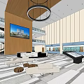Modern Spacious Lobby Interior With Wooden Walls Large Screen Chandelier Sofas And Marble Floor