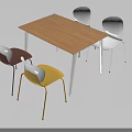 Modern Minimalist Wooden Table With White Legs And Multicolored Metal Leg Chairs Set