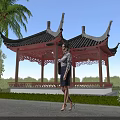 Traditional Chinese Landscape Pavilion With Curved Roof Surrounded By Palm Trees And Lush Greenery