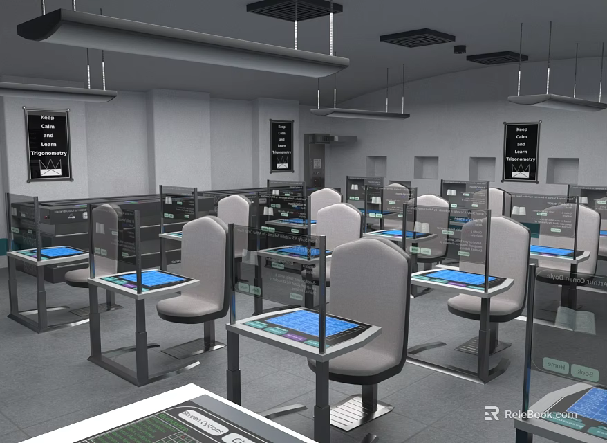 School Computer Lab With Workstations Desks Chairs And Modern Equipment Setup 3d model 