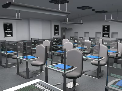 School Computer Lab With Workstations Desks Chairs And Modern Equipment Setup 3d model
