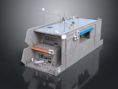 Gray Concrete Industrial Factory Building Exterior With Roof Equipment Blue Orange Awnings And Entrance Stairs 3d model