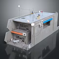 Gray Concrete Industrial Factory Building Exterior With Roof Equipment Blue Orange Awnings And Entrance Stairs