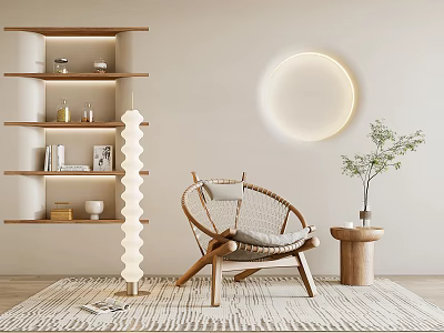 Stylish Accent Chair With Wooden Shelf Round Light Small Side Table And Potted Plant 3d model