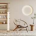 Stylish Accent Chair With Wooden Shelf Round Light Small Side Table And Potted Plant