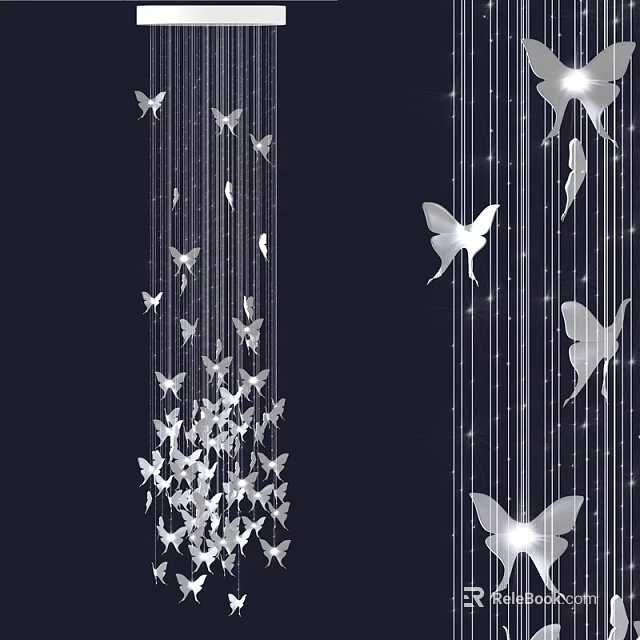 Artistic White Butterfly Shaped Chandelier Hanging With Thin Strings Against Black Background 3d model 