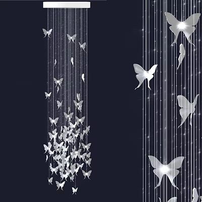 Artistic White Butterfly Shaped Chandelier Hanging With Thin Strings Against Black Background 3d model