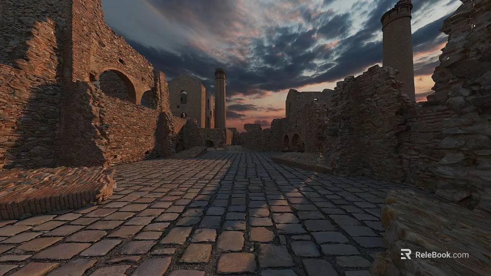 Ancient Ruins Scene With Stone Walls Towers And Cobblestone Path Under Sunset Sky 3d model 