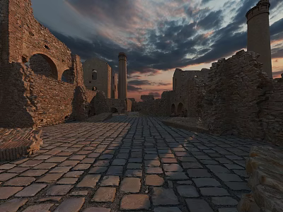 Ancient Ruins Scene With Stone Walls Towers And Cobblestone Path Under Sunset Sky 3d model