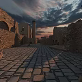 Ancient Ruins Scene With Stone Walls Towers And Cobblestone Path Under Sunset Sky