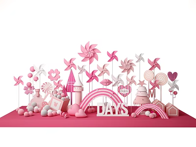 Pink Themed Decorative Scene With Pinwheels Flowers Lollipops Hearts Castle Rainbow And DAYS Letters 3d model