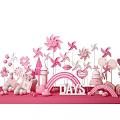 Pink Themed Decorative Scene With Pinwheels Flowers Lollipops Hearts Castle Rainbow And DAYS Letters