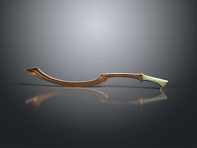 Curved Golden Scimitar Weapon With Green Accents And Reflection On Dark Background 3d model
