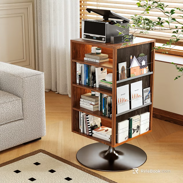 Wooden Side Table with Multi Tiered Shelves for Books and Decorative Items in Living Room Setting 3d model 