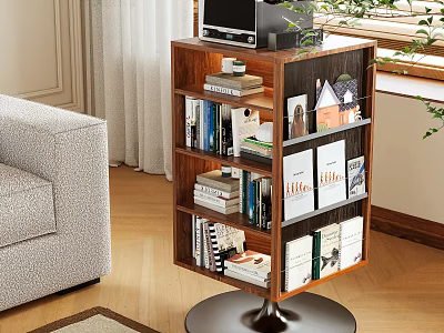 Wooden Side Table with Multi Tiered Shelves for Books and Decorative Items in Living Room Setting 3d model