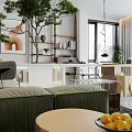 Modern Living And Dining Room With Curved Design Green Plant Bookshelves Sofa And Coffee Table